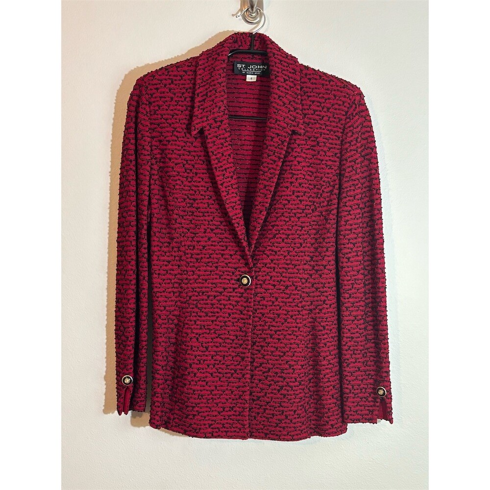 St. John Collection Blazer Jacket Womens Size 6 Red Black Textured Knit